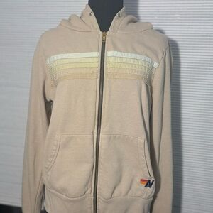 Aviator Nation Beige Hoodie with Yellow and Green Stripes